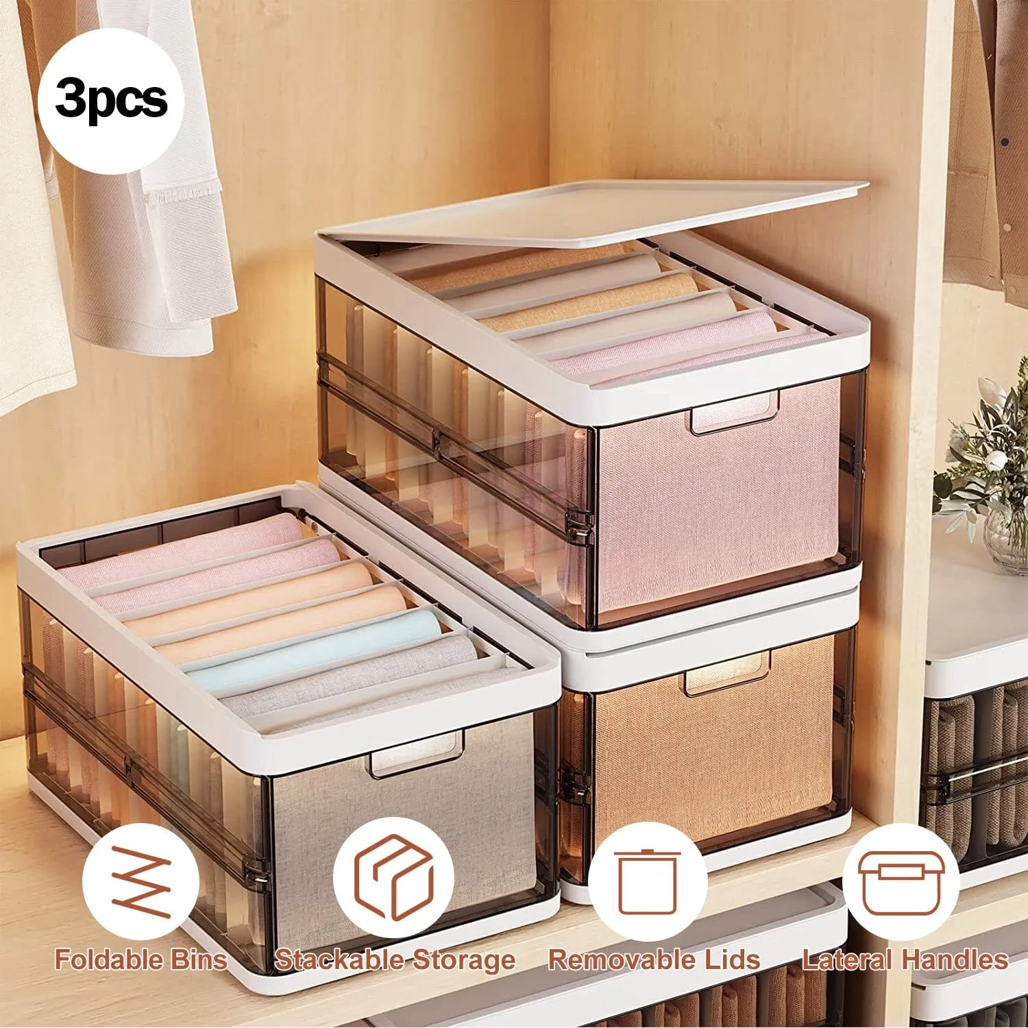 3-Pack: Foldable Storage Bin with Lid Stackable Plastic Closet Organizer