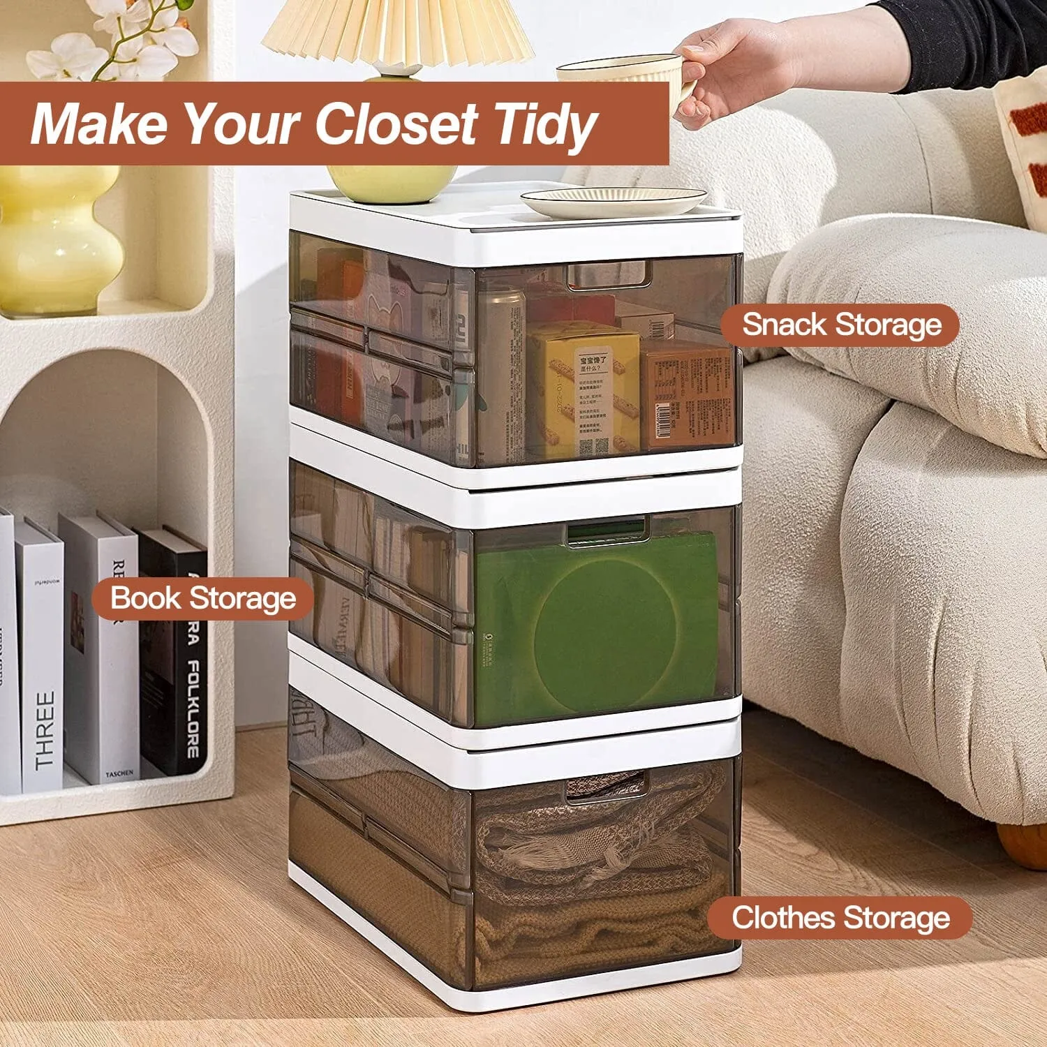 3-Pack: Foldable Storage Bin with Lid Stackable Plastic Closet Organizer