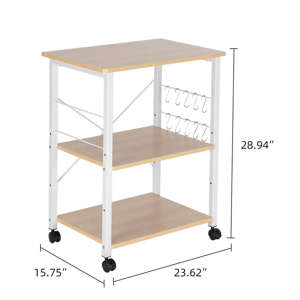 3-Tier Kitchen Utility Microwave Oven Stand Light Beige Top White Metal Frame