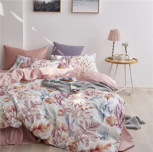 6 Pcs Luxury Egyptian Cotton Bedding Set Bright Flamingo Leaf Duvet Cover Flat sheet style