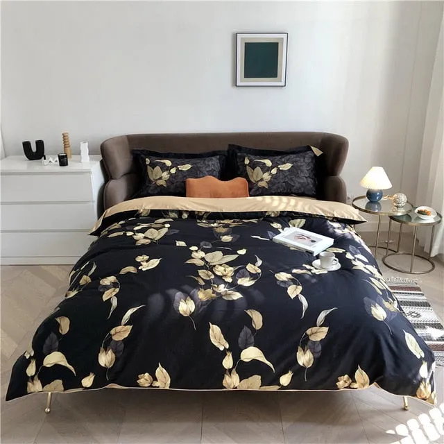 6 Pcs Luxury Egyptian Cotton Bedding Set Bright Flamingo Leaf Duvet Cover Flat sheet style