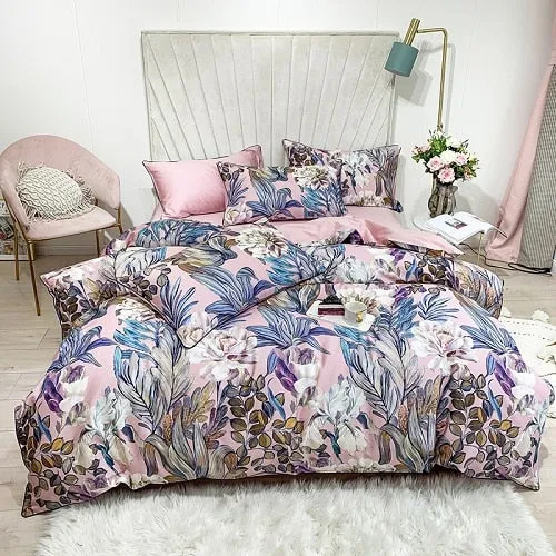 6 Pcs Luxury Egyptian Cotton Bedding Set Bright Flamingo Leaf Duvet Cover Flat sheet style