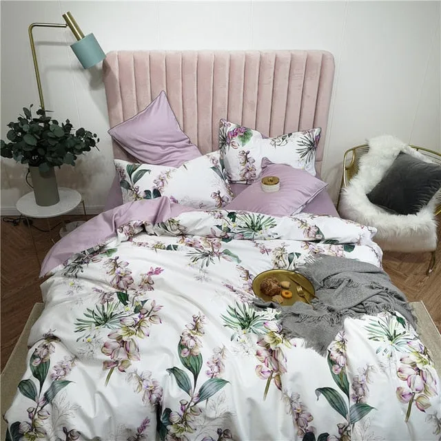 6 Pcs Luxury Egyptian Cotton Bedding Set Bright Flamingo Leaf Duvet Cover Flat sheet style