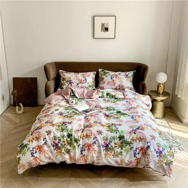 6 Pcs Luxury Egyptian Cotton Bedding Set Bright Flamingo Leaf Duvet Cover Flat sheet style