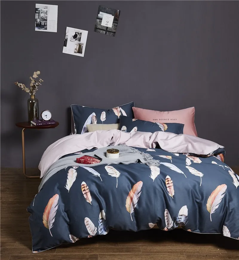 6 Pcs Luxury Egyptian Cotton Bedding Set Bright Flamingo Leaf Duvet Cover Flat sheet style