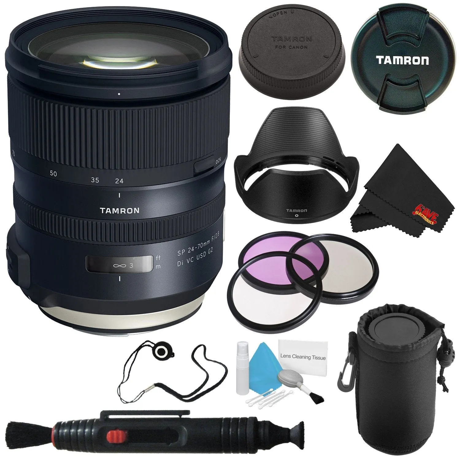 6Ave Tamron SP 24-70mm f/2.8 Di VC USD G2 Lens Canon EF (International Model)   82mm 3 Piece Filter Kit   Deluxe Lens Po