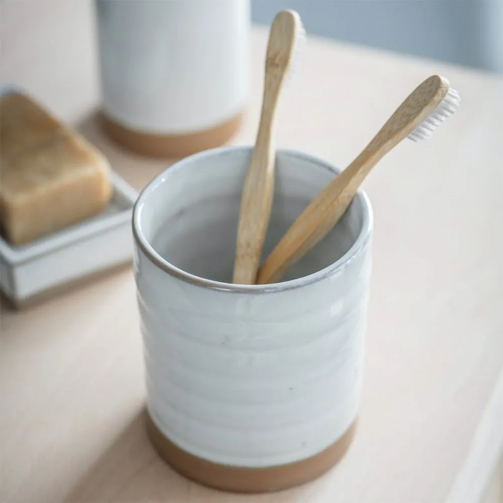 Ceramic Toothbrush Holder - White & Terracotta