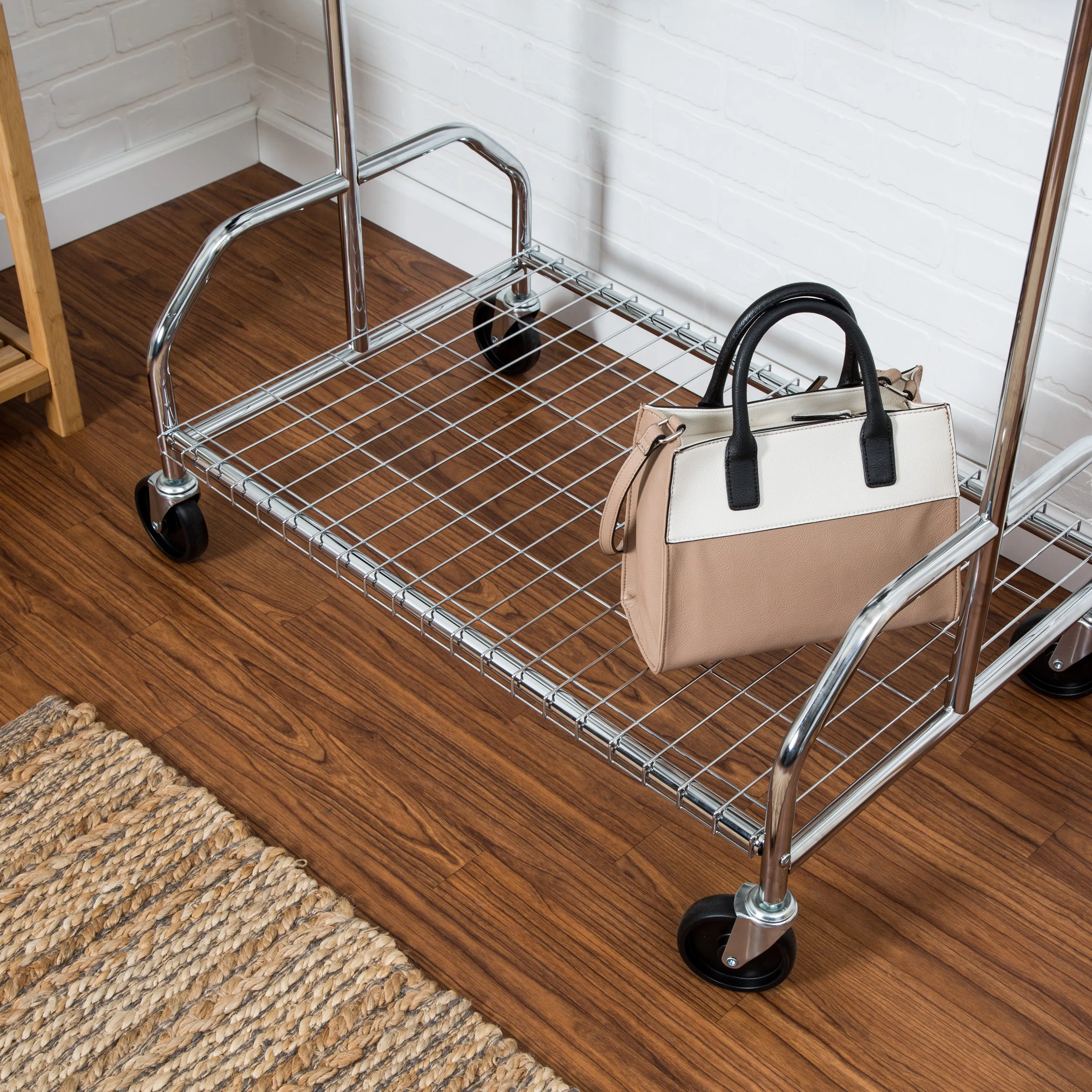 Chrome Rolling Clothes Rack with Adjustable Bar and Shelf