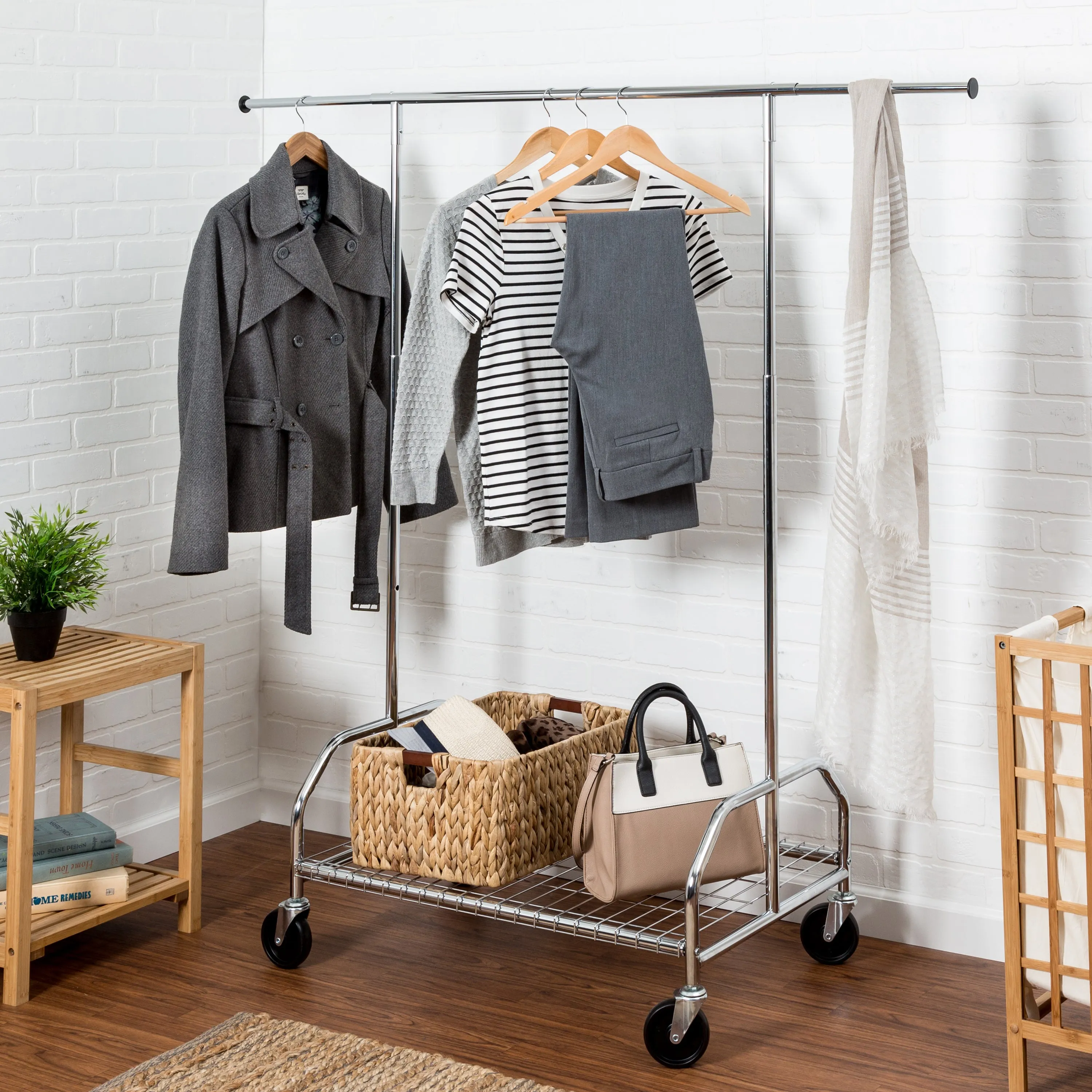 Chrome Rolling Clothes Rack with Adjustable Bar and Shelf