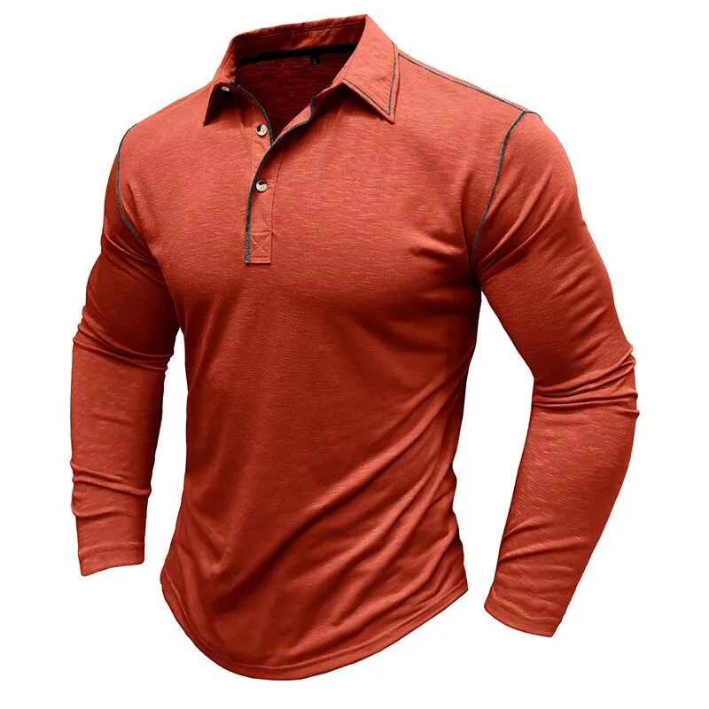 Classic Polo Shirts Men Casual Patchwork Long Sleeve Button Lapel Polo T-shirt Fashion Loose Solid Color Polo Tops Mens Clothing