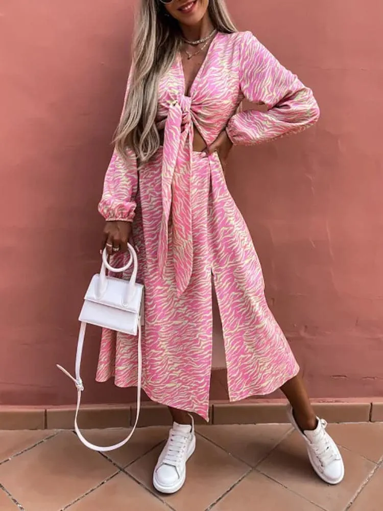 DressBetty - New Spring Long Sleeve Print Lace Up Sexy Dress