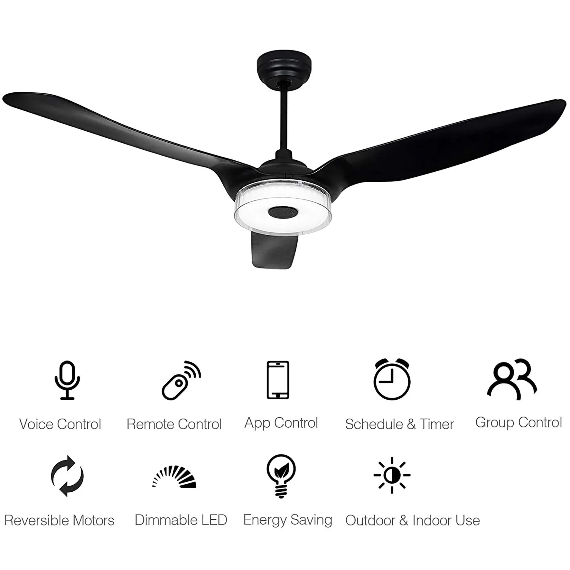 FLETCHER 52'' 3-Blade Smart Ceiling Fan with LED Light Kit & Remote-Black/Black