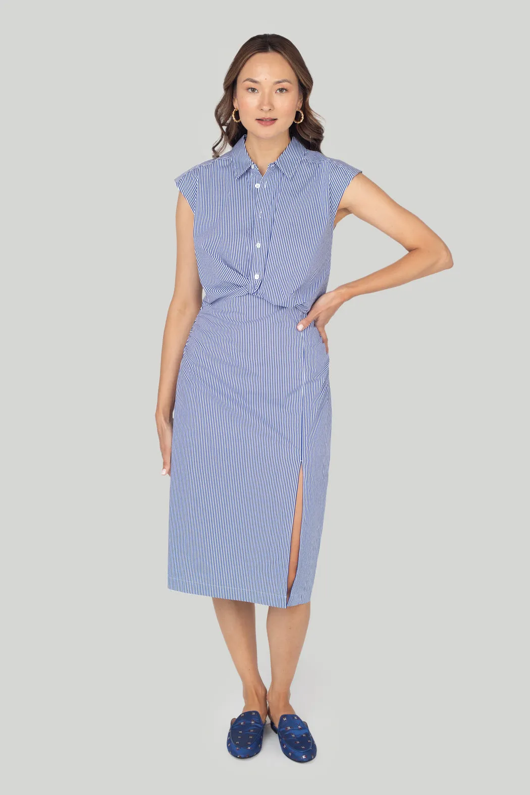 Frame - Sleeveless Twist Dress in Blue Stripe