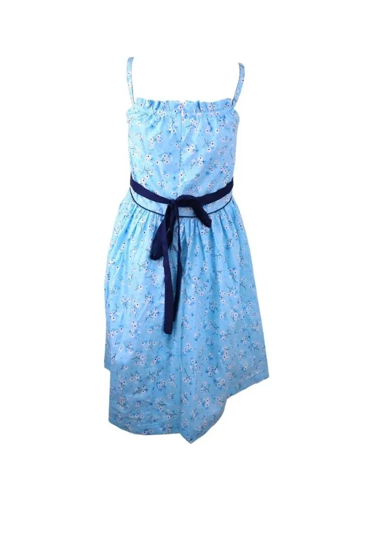 Haltered Dress Spaghetti Floral Printed With Lining Shirring And Piping - Blue