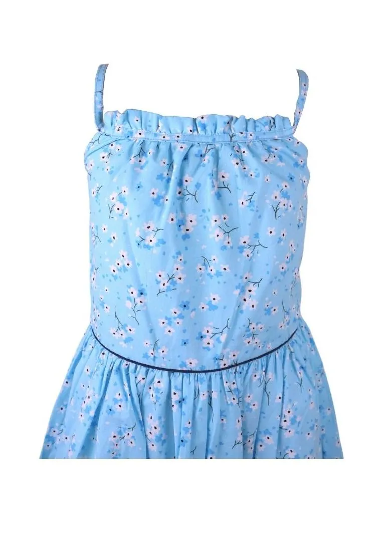 Haltered Dress Spaghetti Floral Printed With Lining Shirring And Piping - Blue