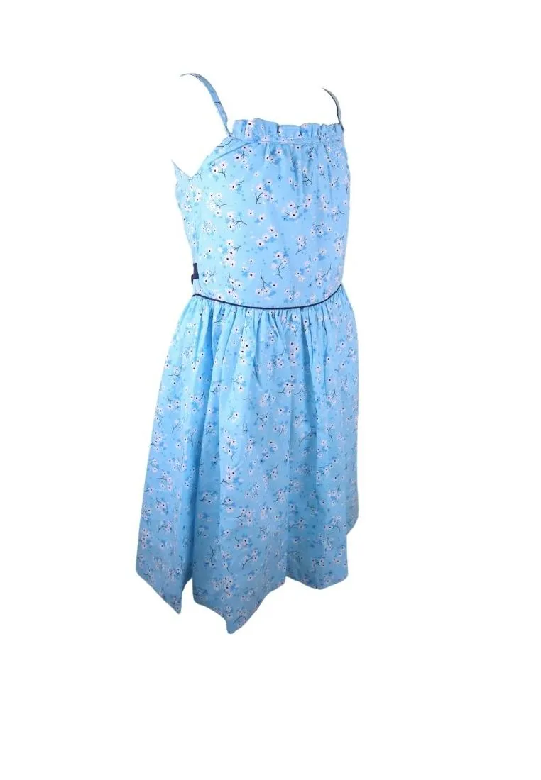 Haltered Dress Spaghetti Floral Printed With Lining Shirring And Piping - Blue