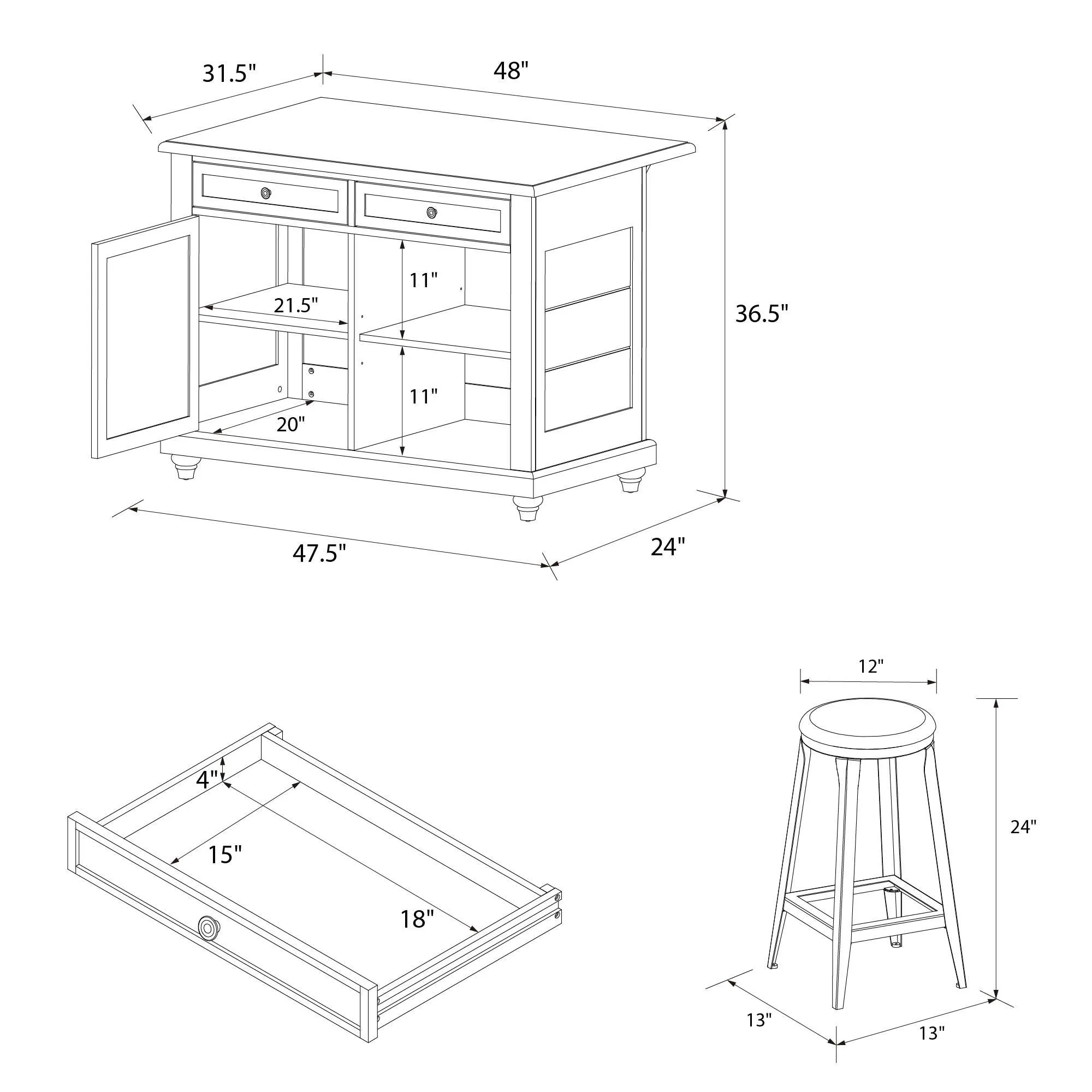 Kelsey Kitchen Island with 2 Stools