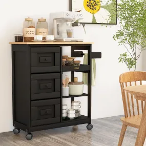 Kitchen Island Cart with Wood, 27" Width Kitchen Island on Wheels with Drawer, Open Shelves & Spice Rack, Black