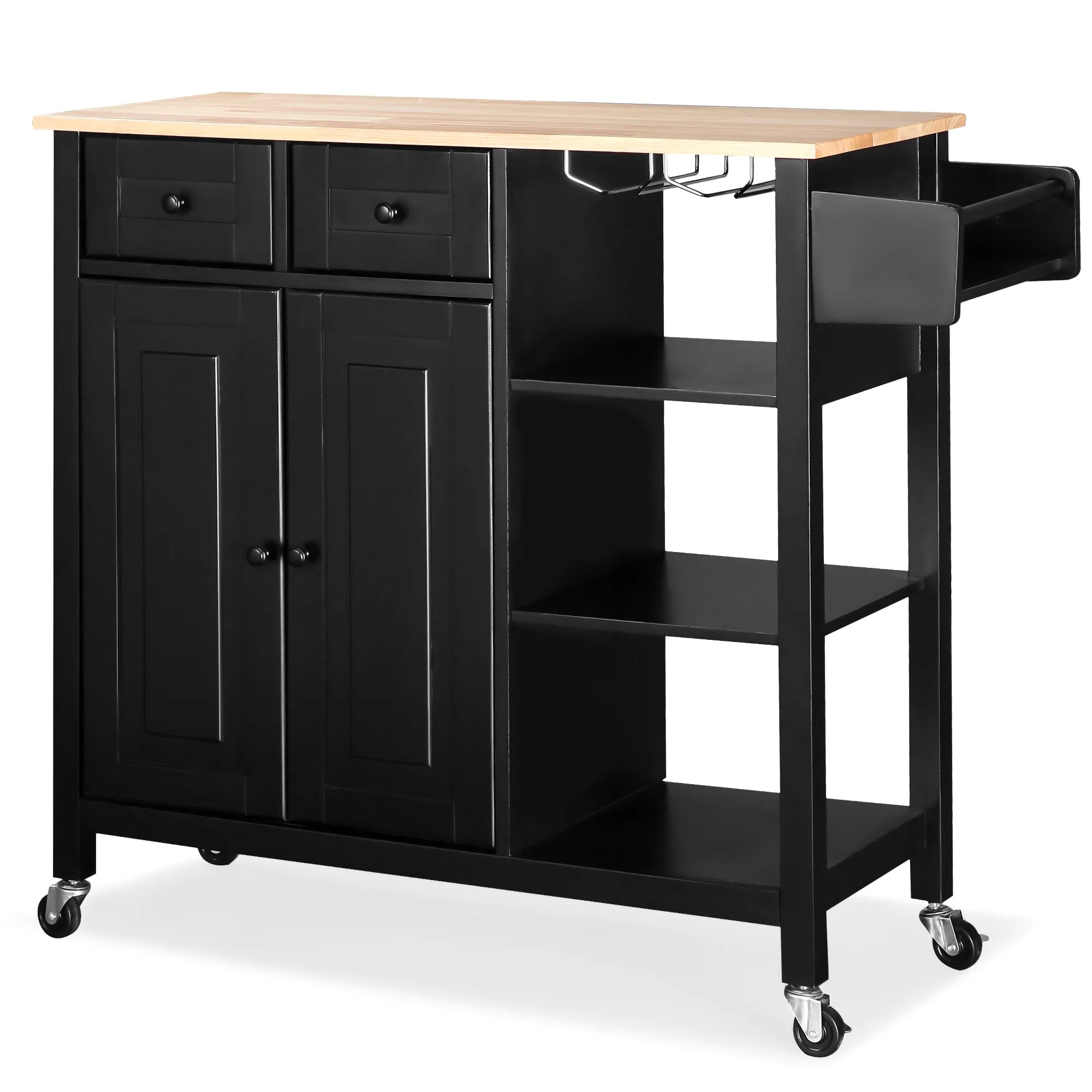 Kitchen Island Cart with Wood, 35.5" Width Kitchen Island on Wheels with Drawer, Open Shelves & Spice Rack, Black