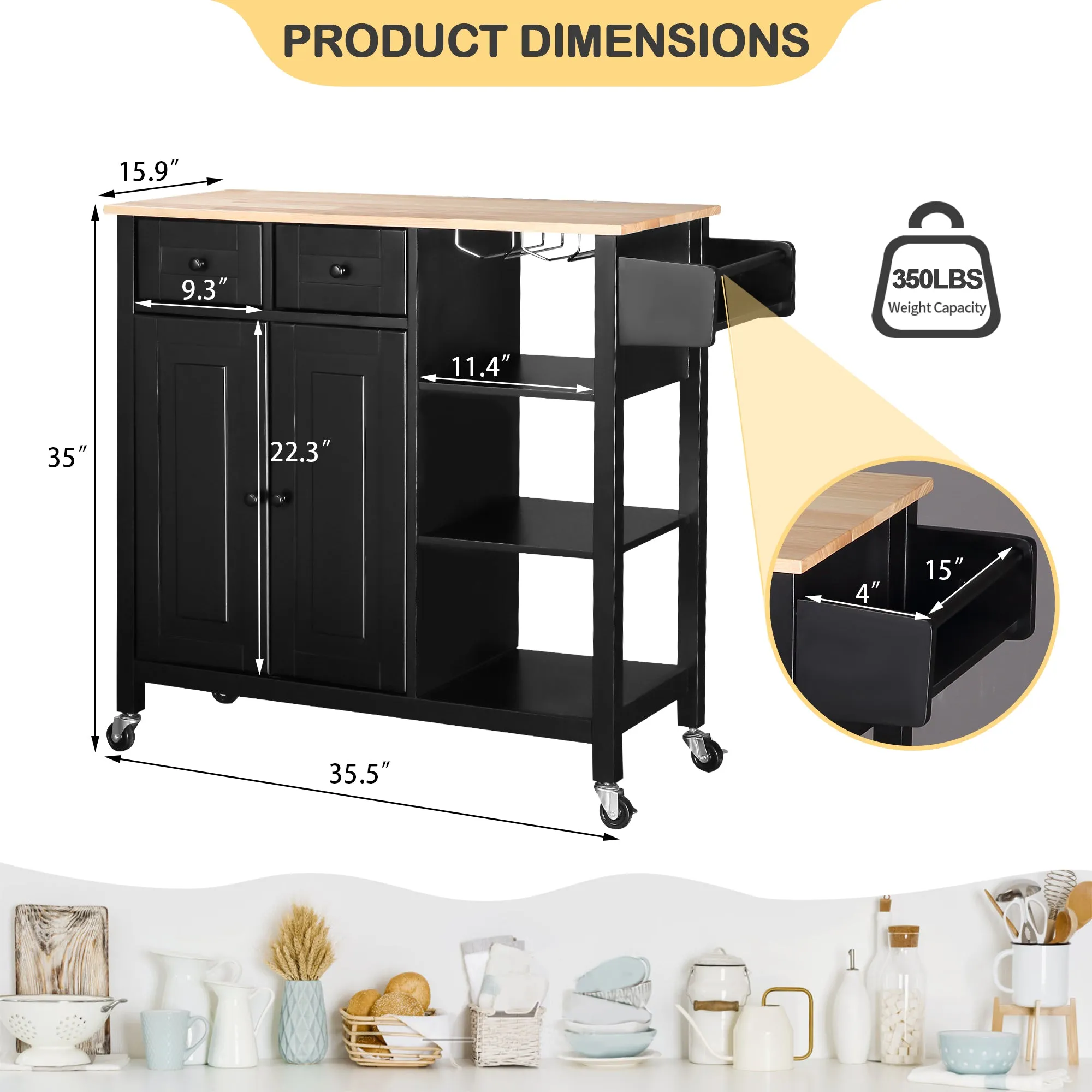 Kitchen Island Cart with Wood, 35.5" Width Kitchen Island on Wheels with Drawer, Open Shelves & Spice Rack, Black