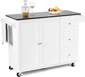 Kitchen Island with Stainless Steel Countertop with Towel Holder and Spice Rack, 3 Drawers, Adjustable Shelves, 2-Door Cabinet, Storage Table