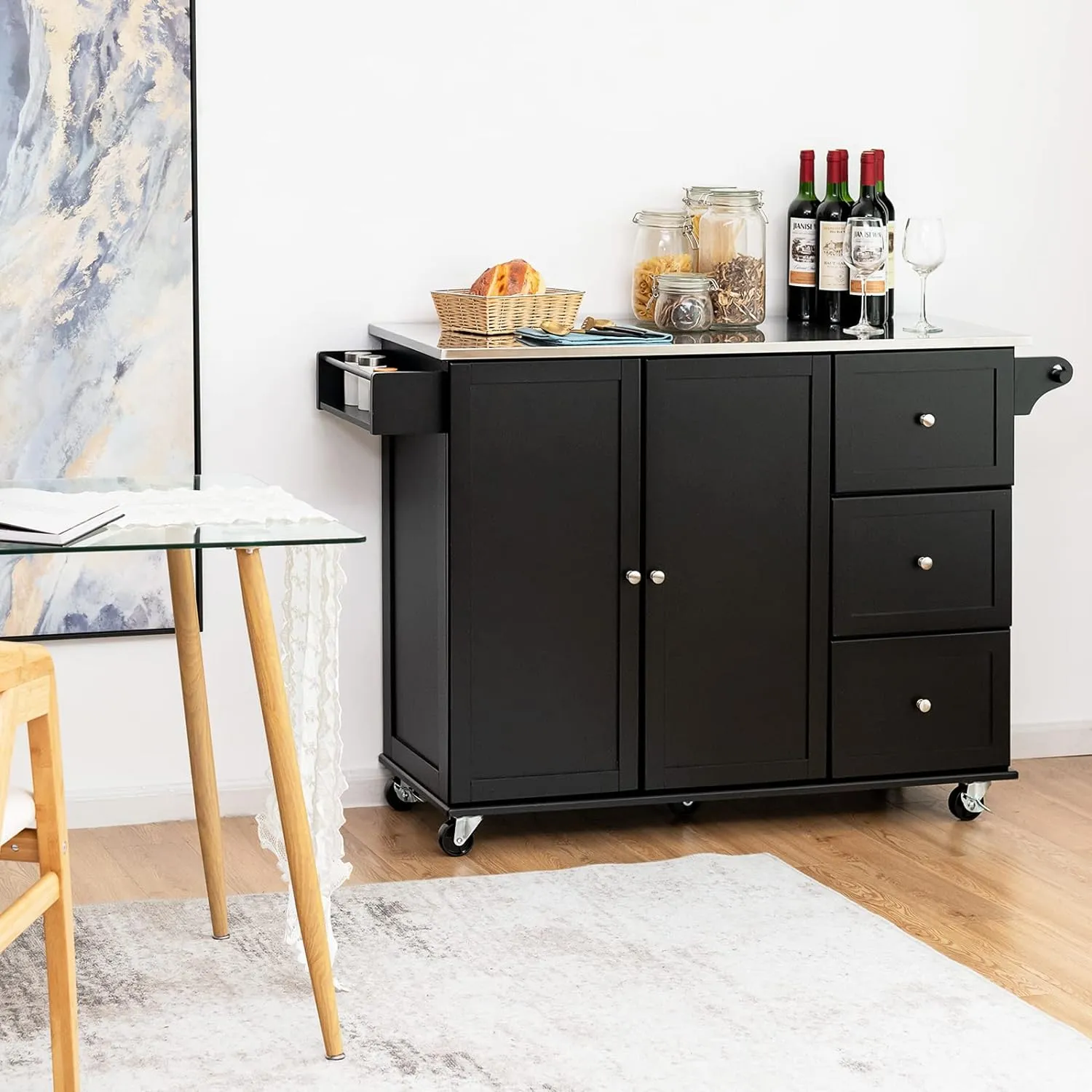 Kitchen Island with Stainless Steel Countertop with Towel Holder and Spice Rack, 3 Drawers, Adjustable Shelves, 2-Door Cabinet, Storage Table