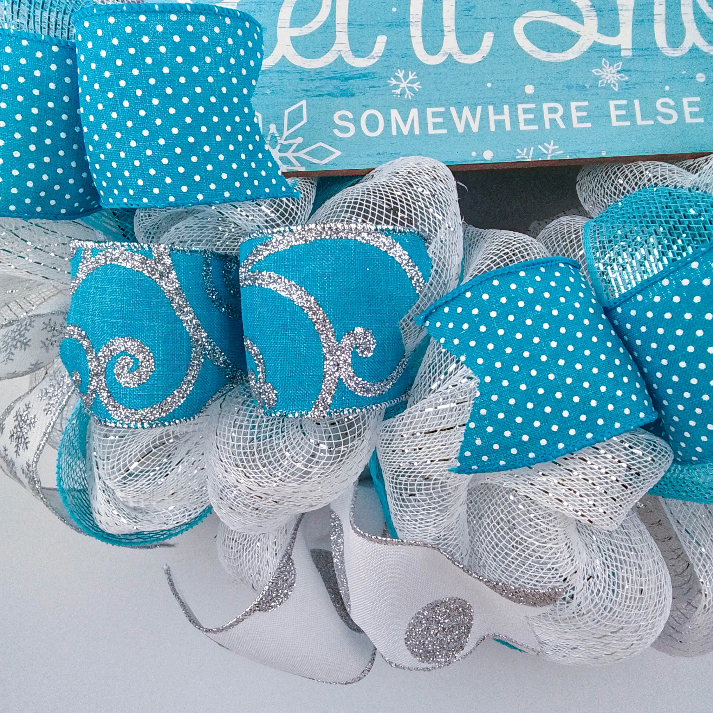 Let It Snow Somewhere Else Wreath - Winter Christmas Mesh Front Door Wreath - White Blue