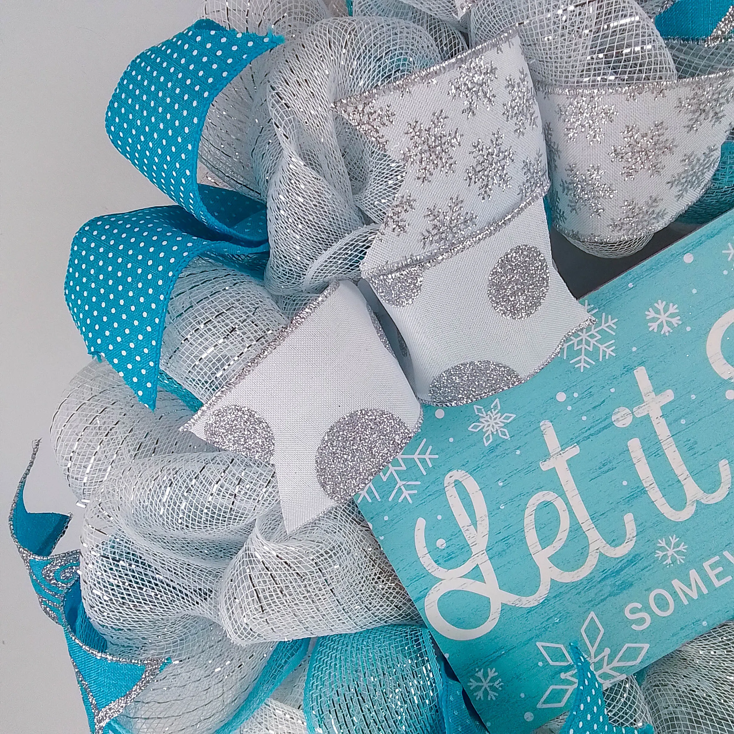 Let It Snow Somewhere Else Wreath - Winter Christmas Mesh Front Door Wreath - White Blue