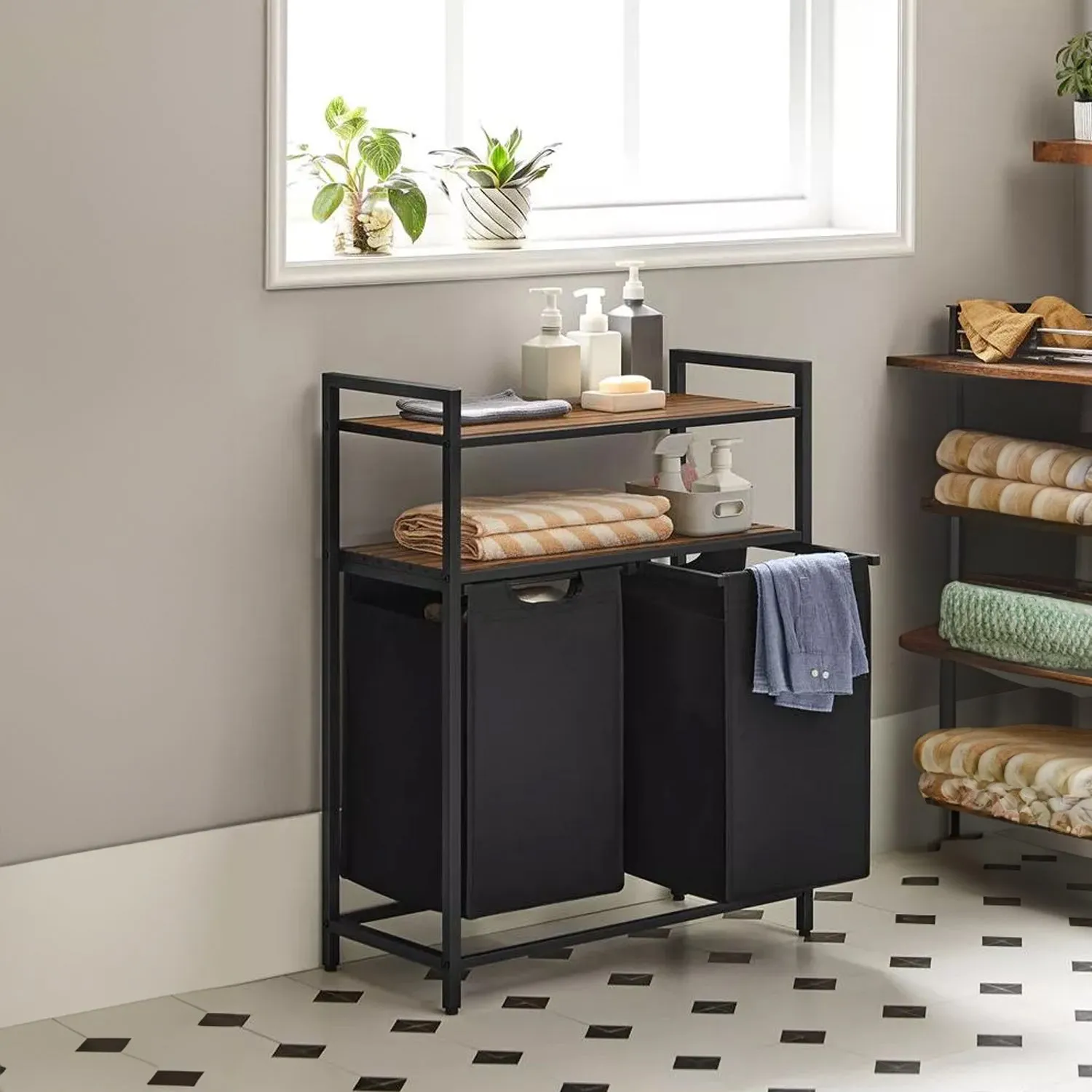 Neo Black Laundry Basket Hamper With 2 Shelves