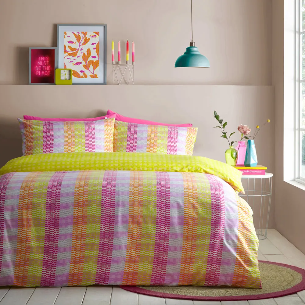 Neola Abstract Neon Striped Duvet Cover Set Fuchsia/Lime