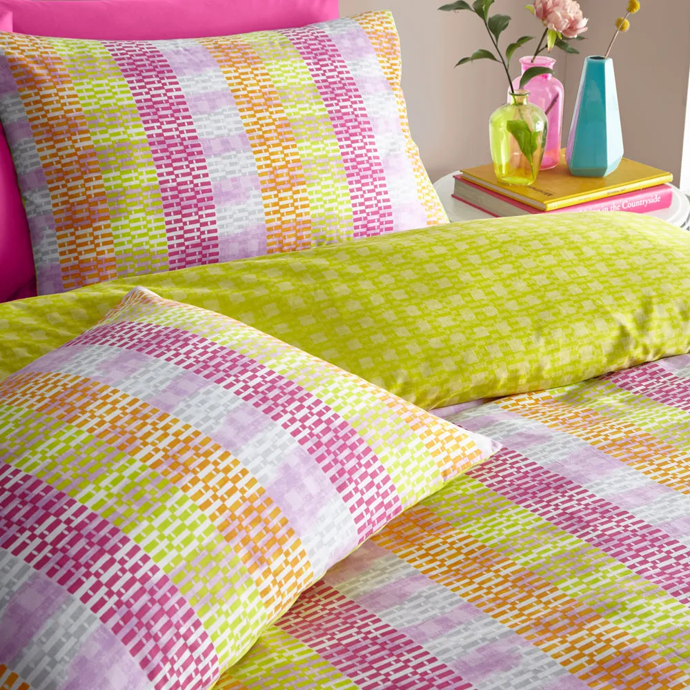 Neola Abstract Neon Striped Duvet Cover Set Fuchsia/Lime