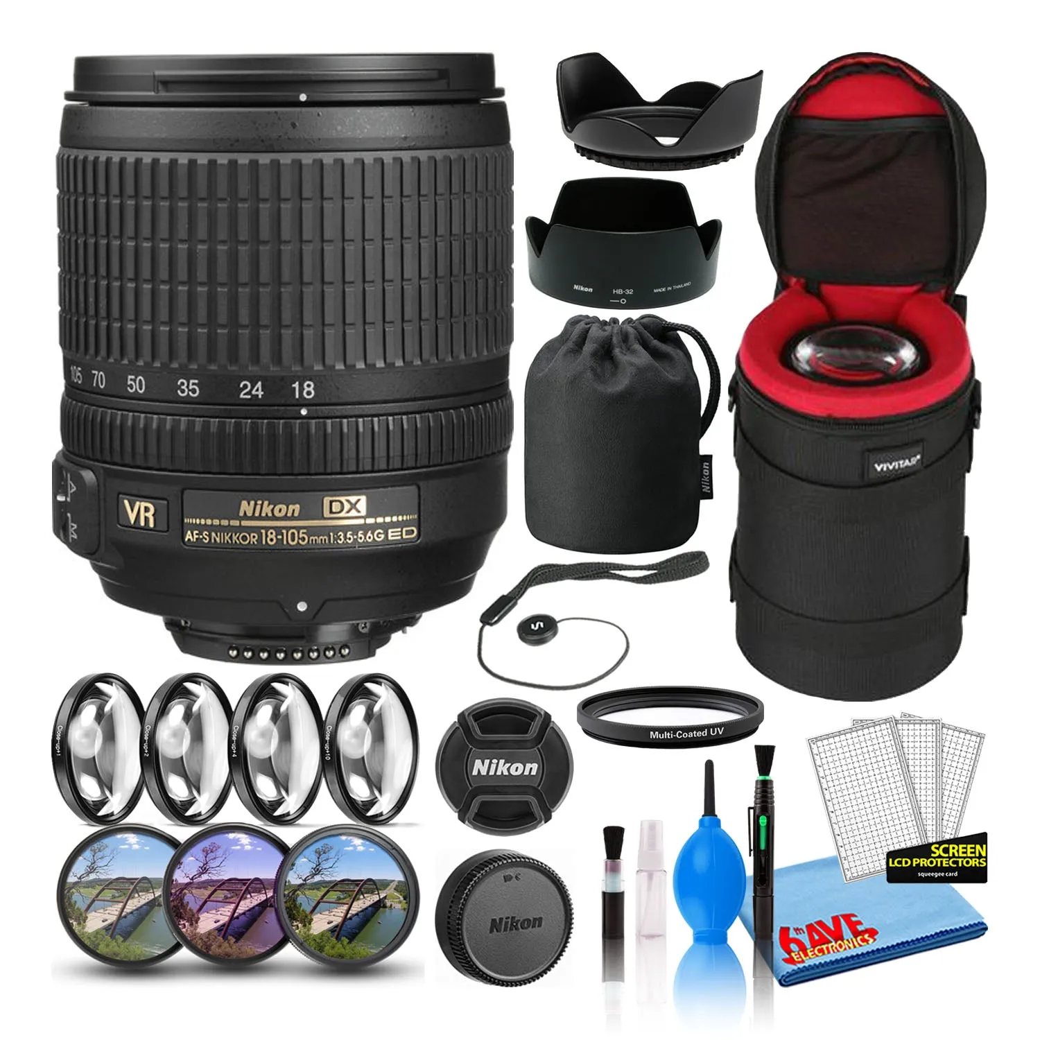 Nikon AF-S DX 18-105mm f/3.5-5.6G ED VR Lens (2179) Intl Model Bundle