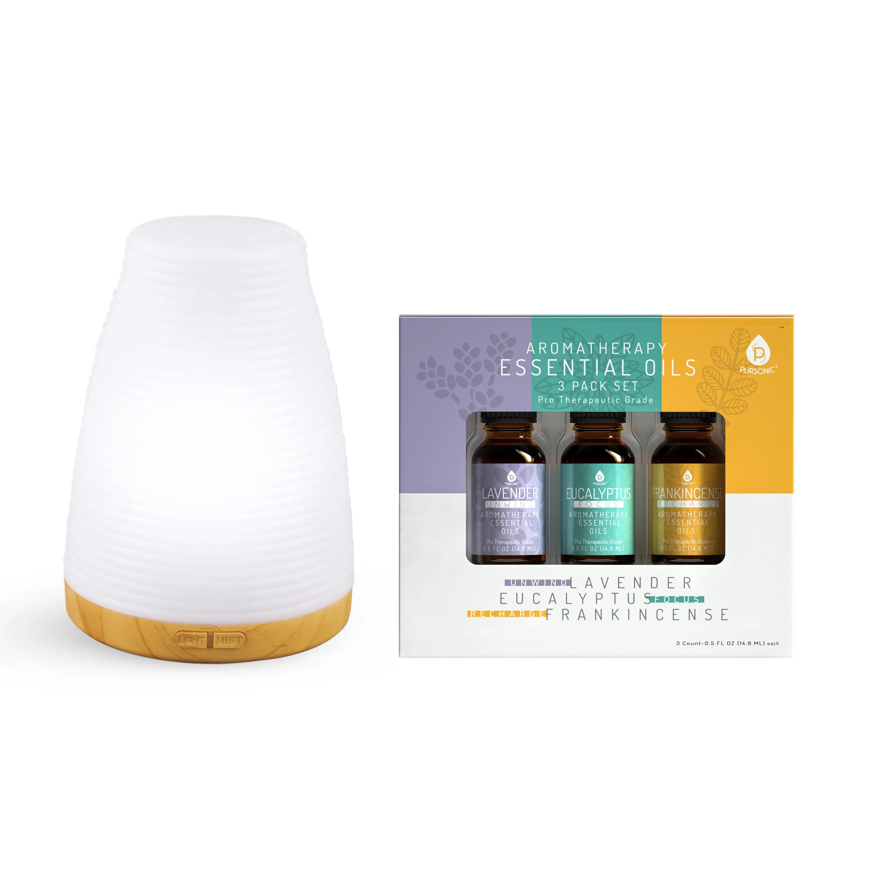 Pursonic Aromatherapy 2 in 1 USB Diffuser & Essential Oil Set-Ultrasonic Top 3 Oils-300ml with 2 Mist Settings 7 Ambient Light Settings