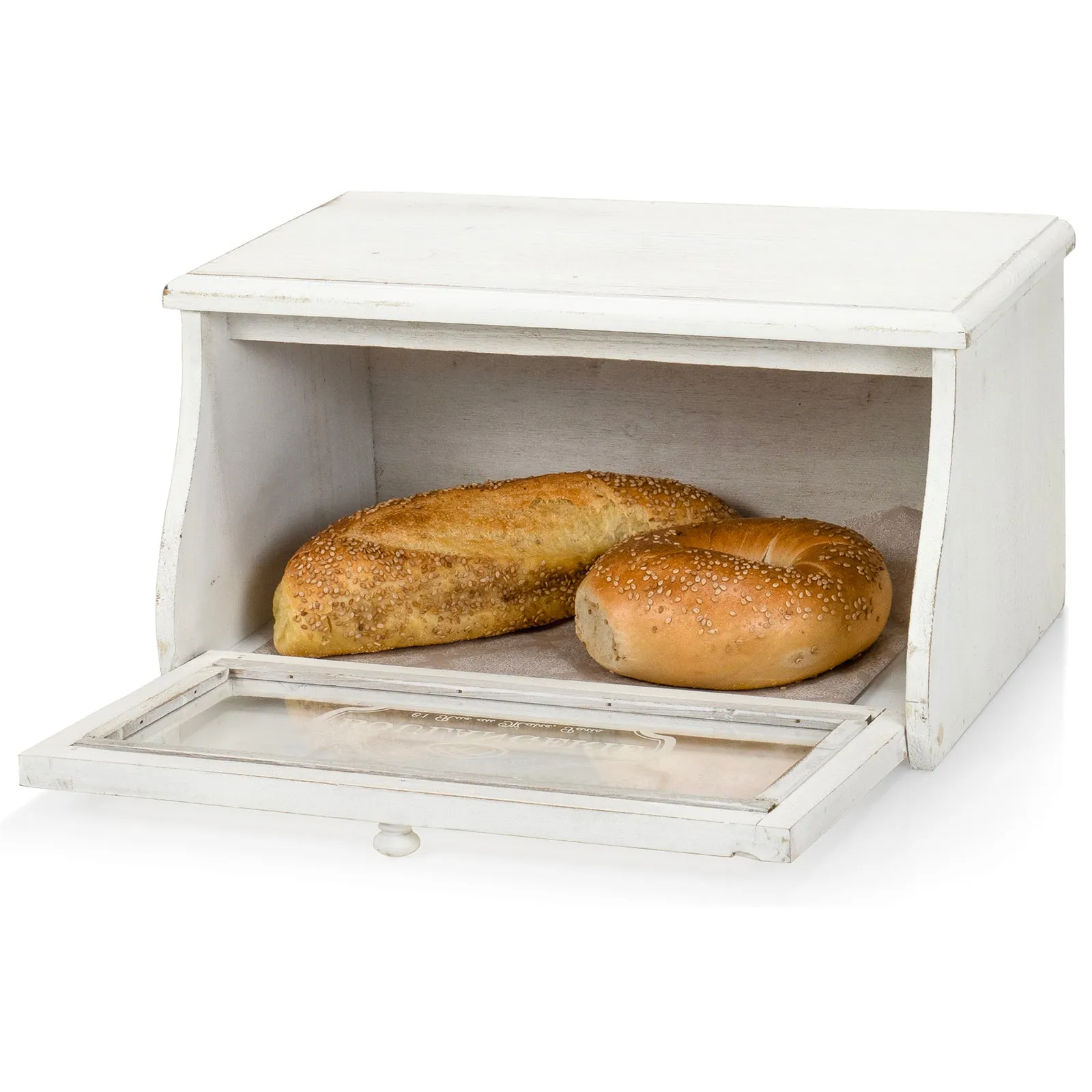 Red Co. 14”x 7” Distressed Wood Bread Storage Box with Acrylic Front & Knob Handle, White