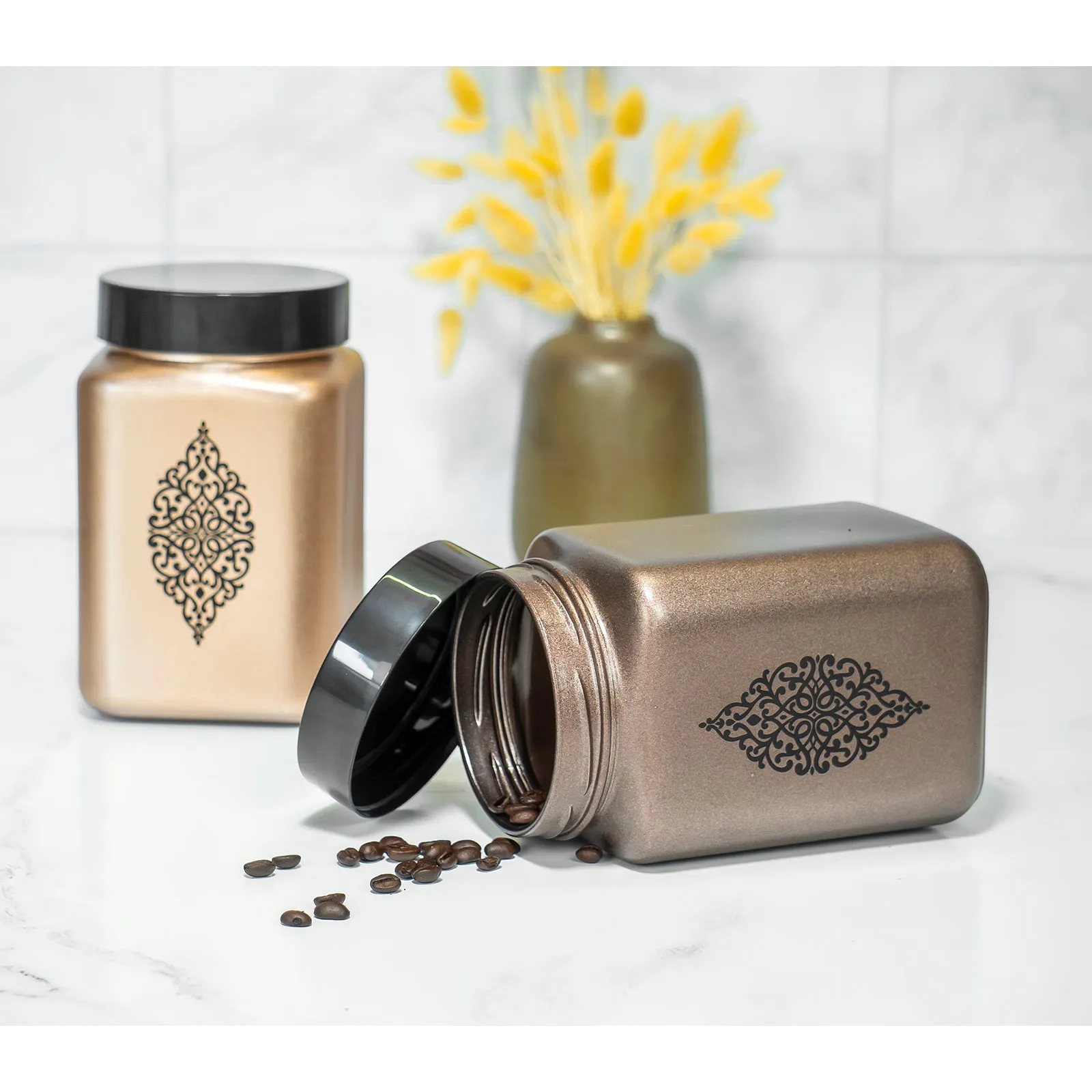 Red Co. Set of 2 Square 50.75 Oz Painted Glass Food Storage Canisters, Copper & Bronze Metallic