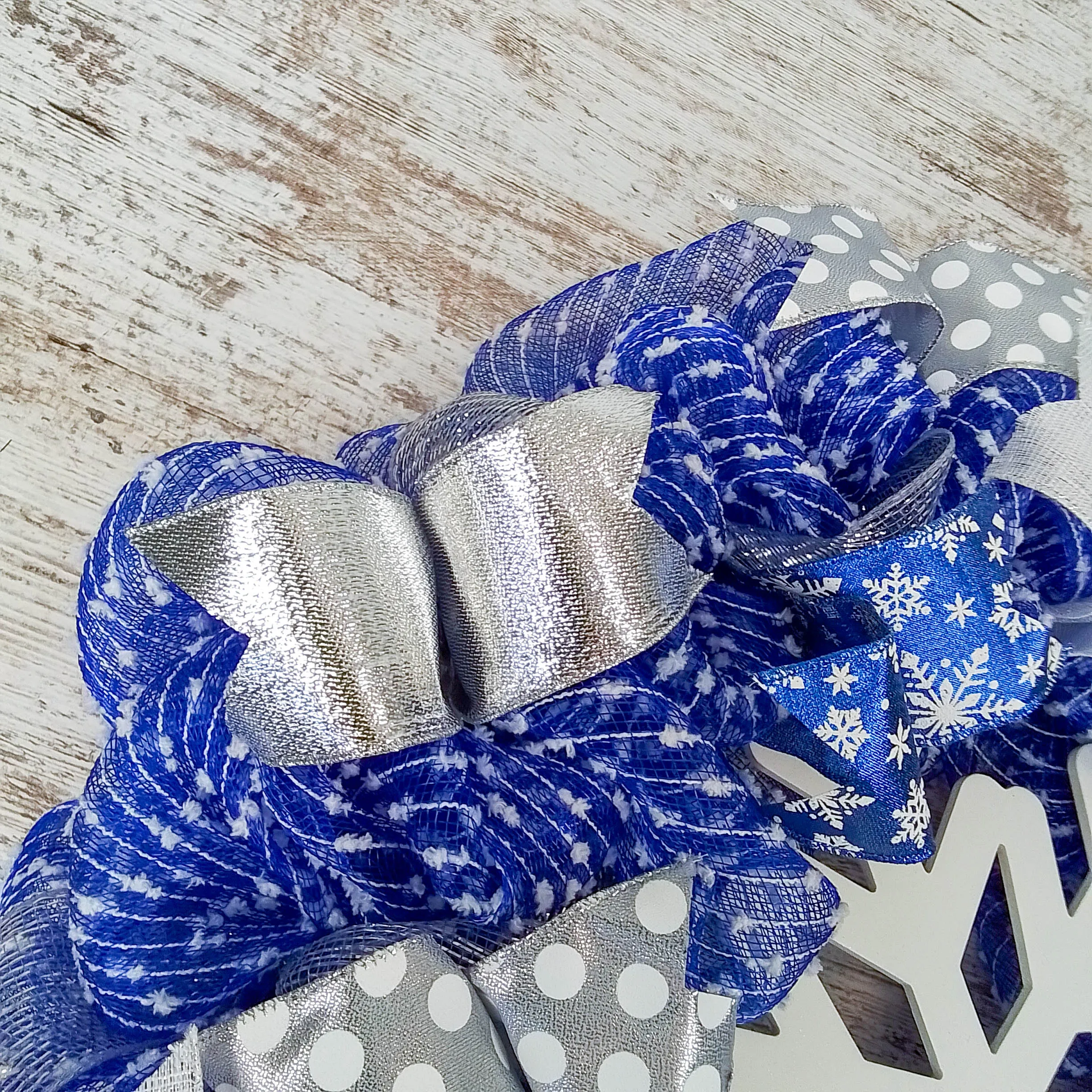 Snowflake Winter Mesh Door Wreath | Blue White Silver