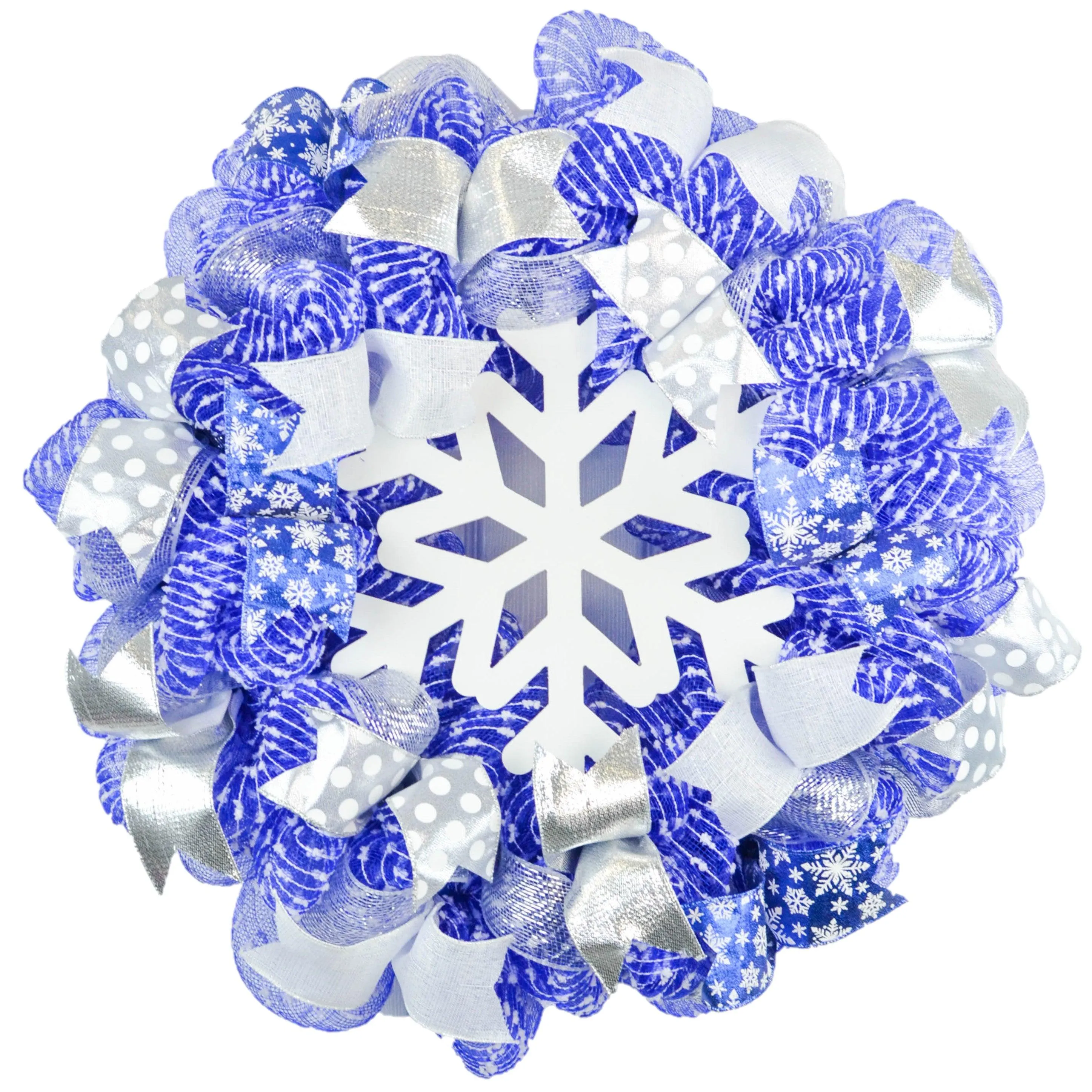 Snowflake Winter Mesh Door Wreath | Blue White Silver