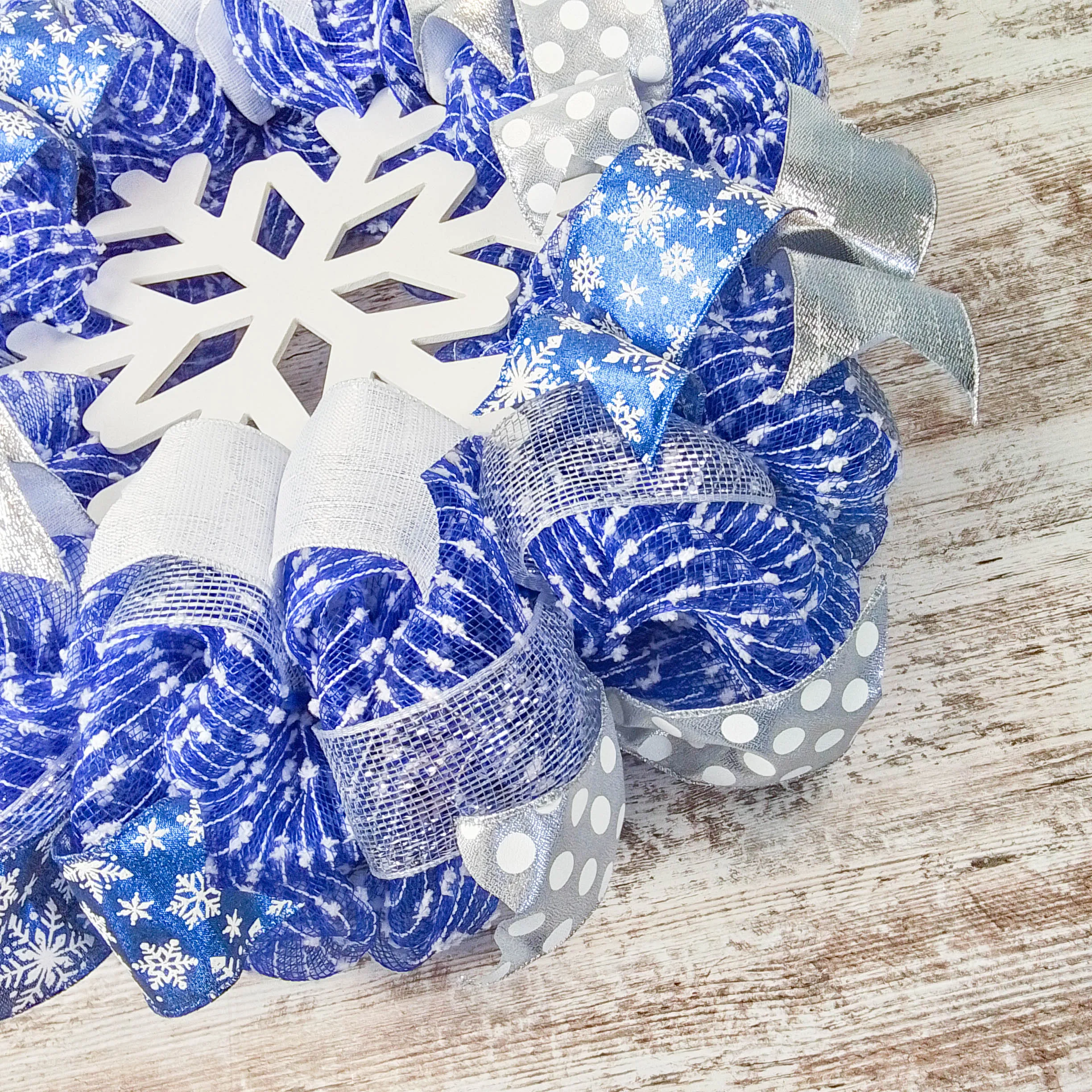 Snowflake Winter Mesh Door Wreath | Blue White Silver