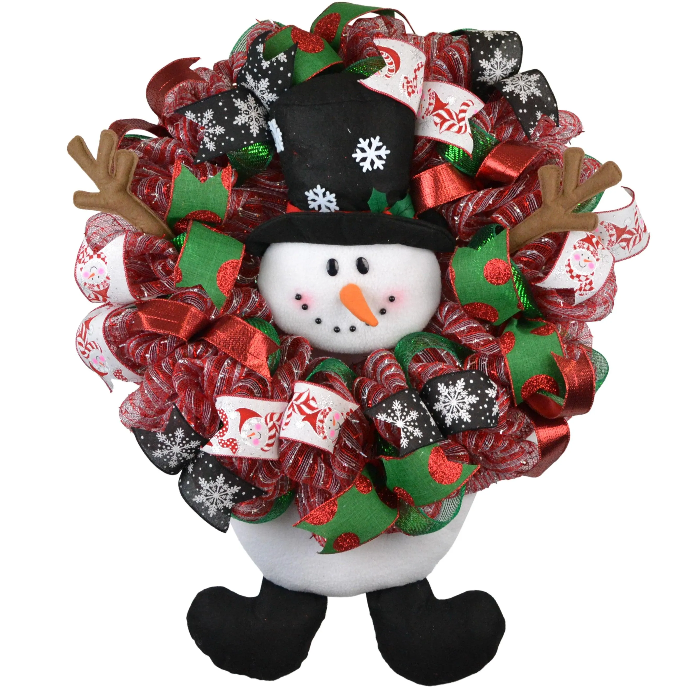 Snowman Christmas Mesh Door Wreath | White Red Emerald Green Black