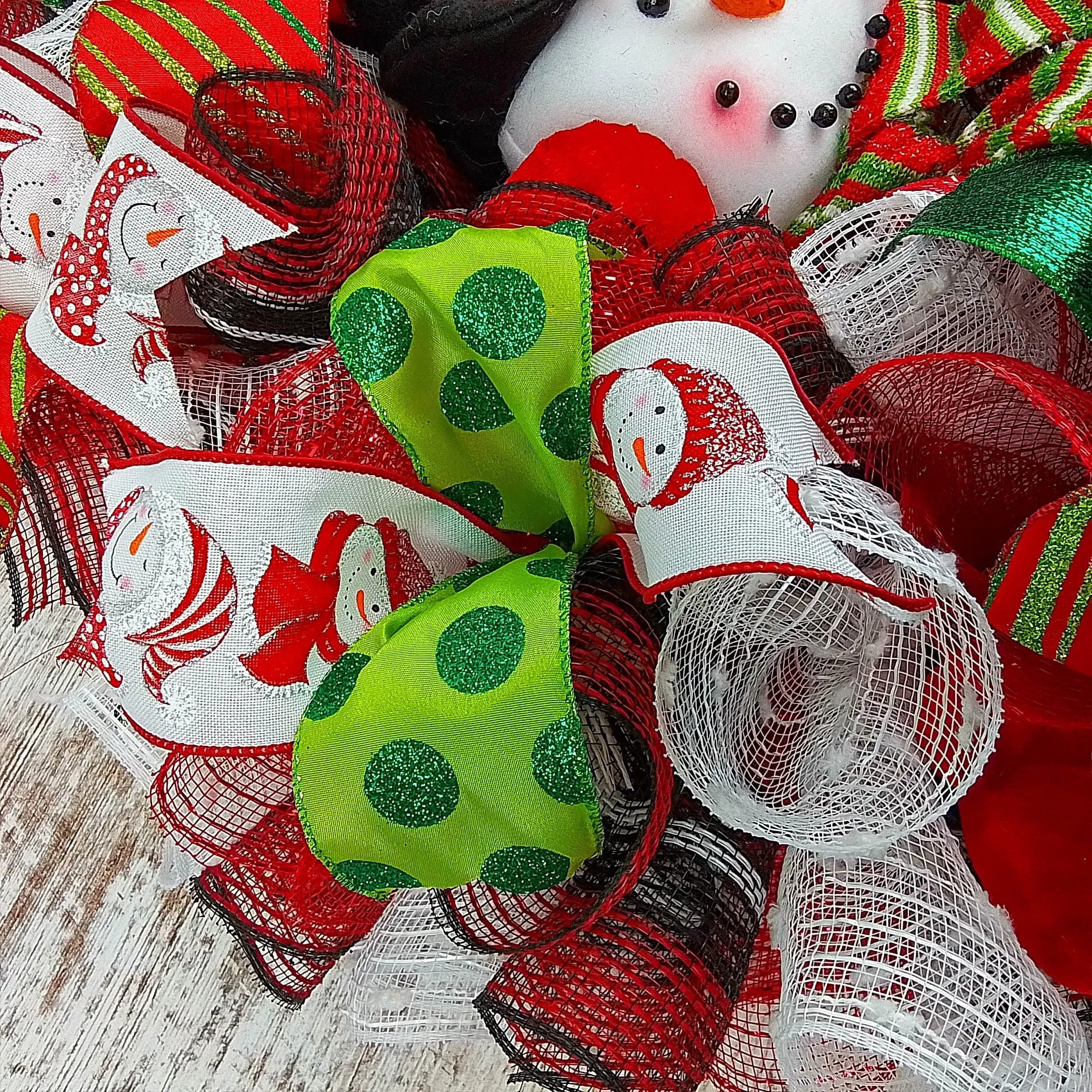 Snowman Christmas Mesh Door Wreath | White Red Emerald Green Black