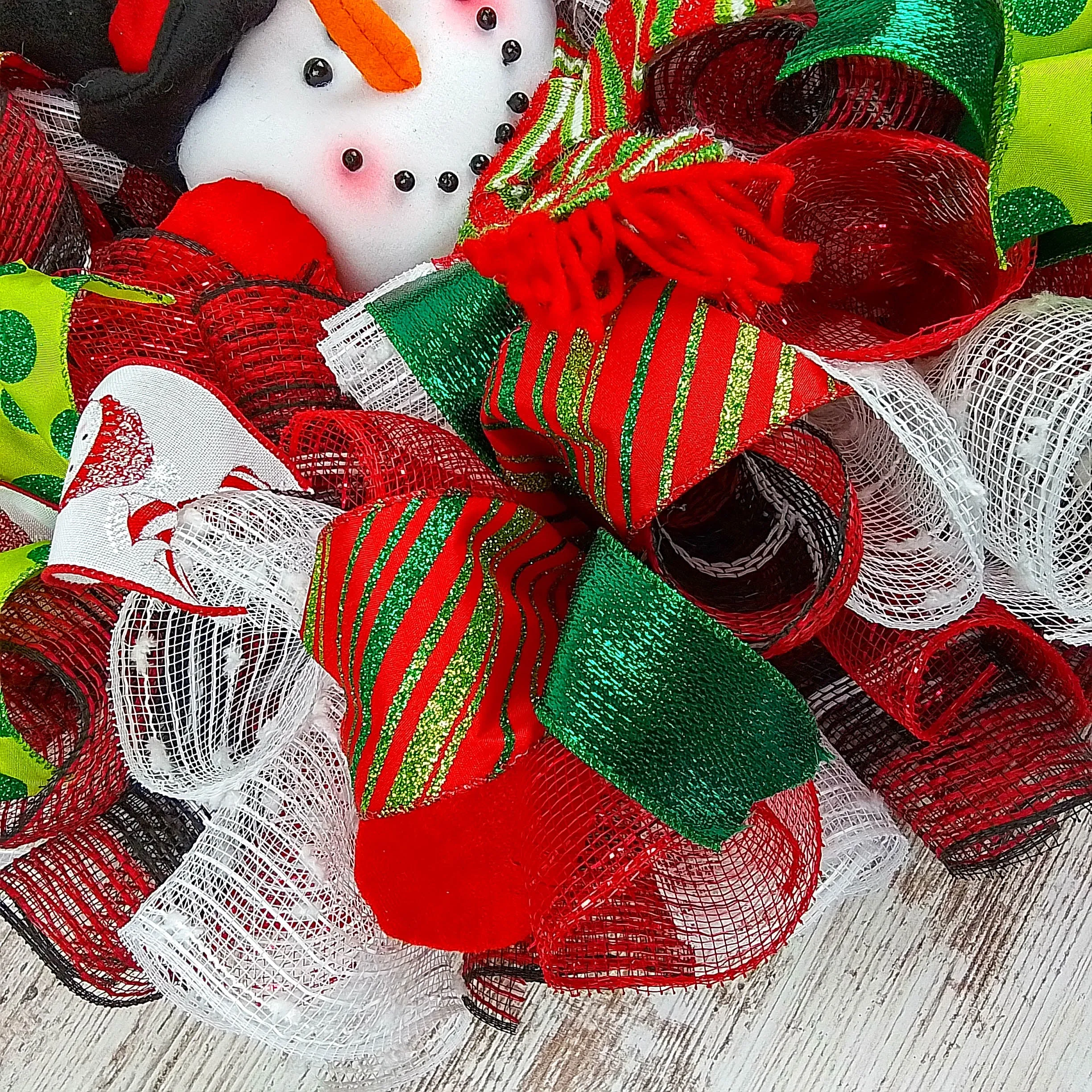 Snowman Christmas Mesh Door Wreath | White Red Emerald Green Black