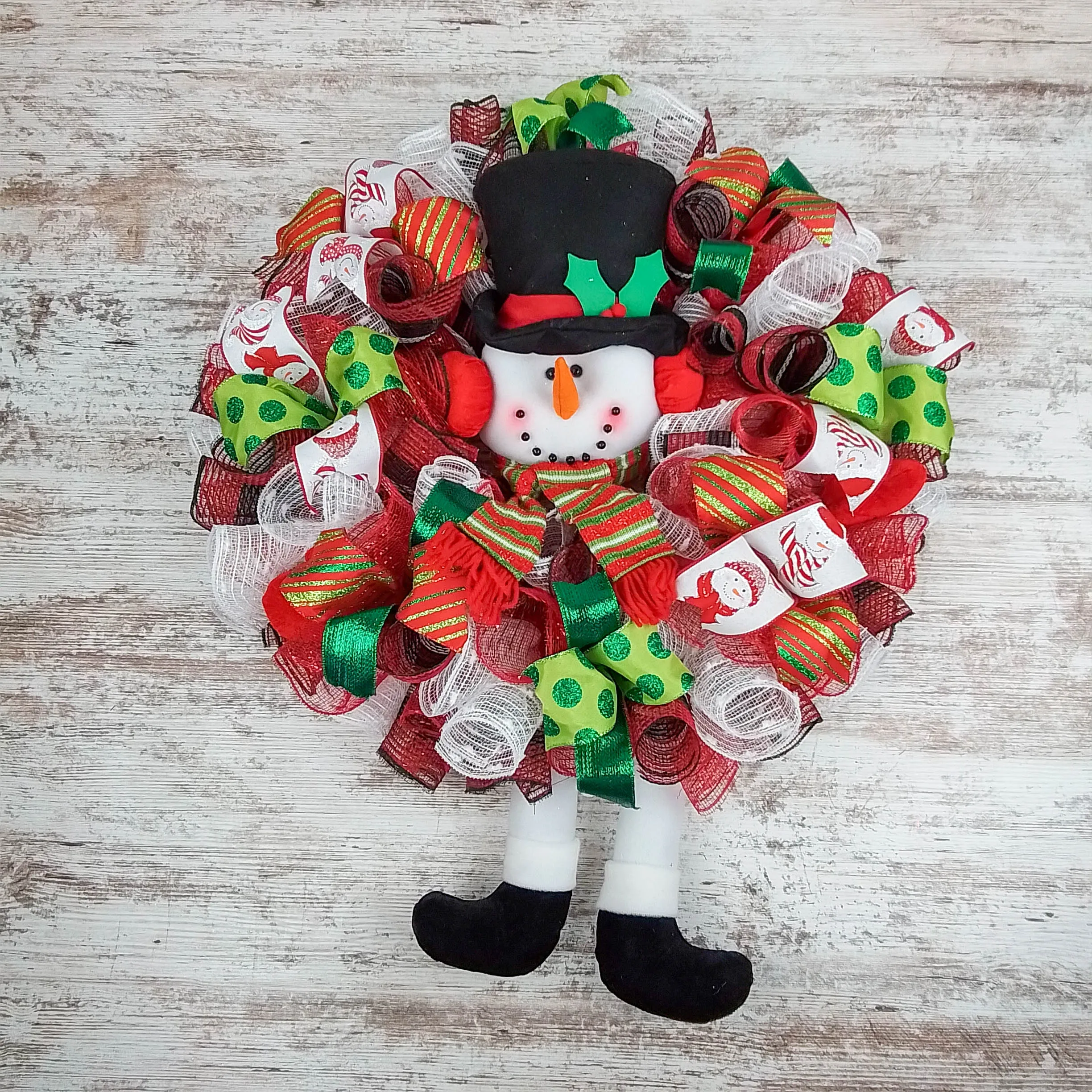 Snowman Christmas Mesh Door Wreath | White Red Emerald Green Black