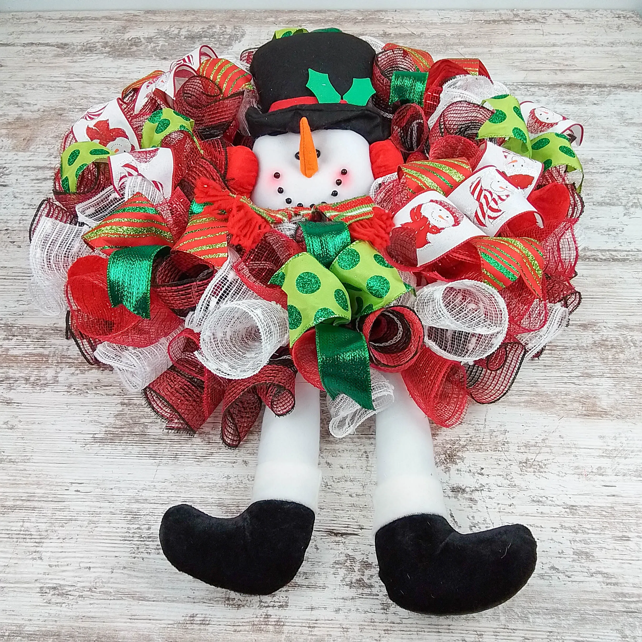 Snowman Christmas Mesh Door Wreath | White Red Emerald Green Black