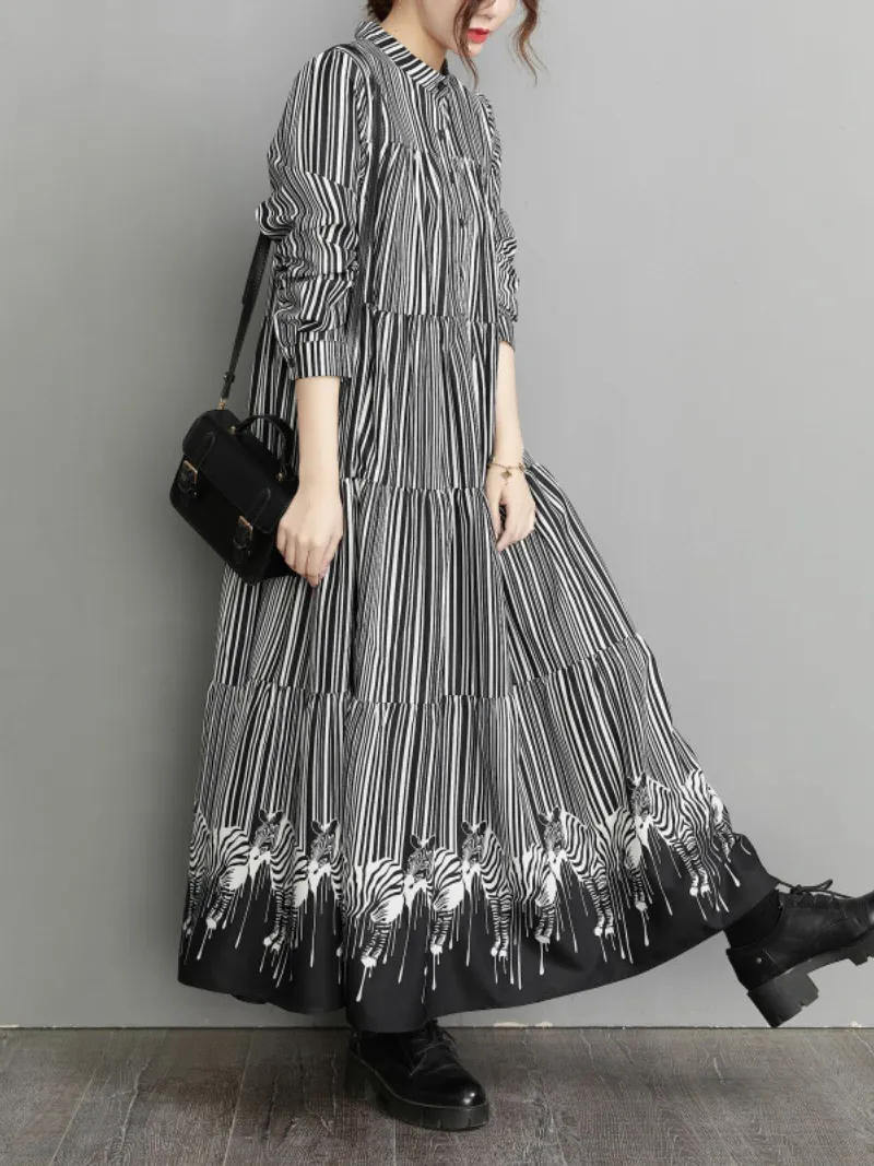 Women's Long Striped Printed Button-Up Maxi Shirt Dress